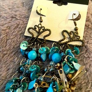 New Beaded Blue  Earrings hooks brass butterfly with blue beads,sequins, leaves